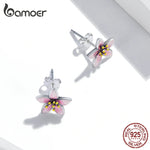 Genuine 925 Sterling Silver Elegant Pink Cherry Blossom Stud Earrings