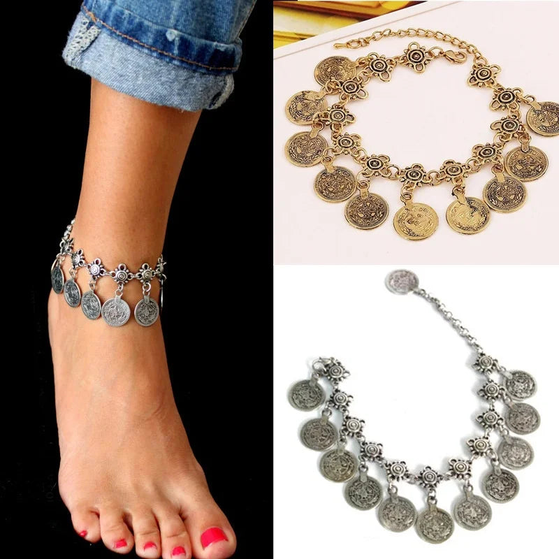 Vintage Bohemian Gypsy Coin Tassel Beach Anklet