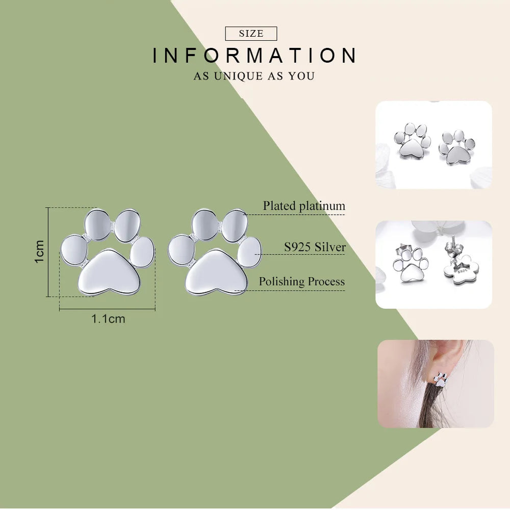 925 Sterling Silver Animal Paw Footprints Stud Earrings