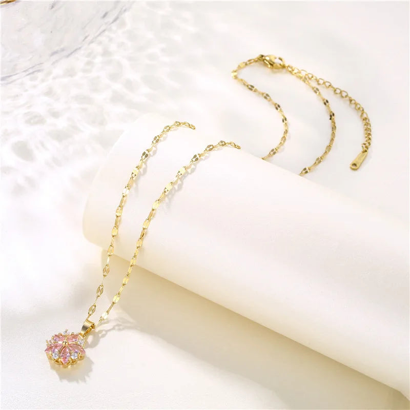 Pink Crystal Sakura Pendant Necklace