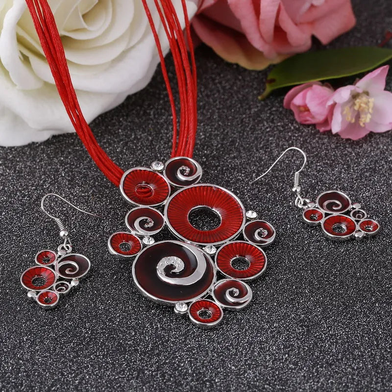 Multilayer Leather Pendant Necklace and Earrings