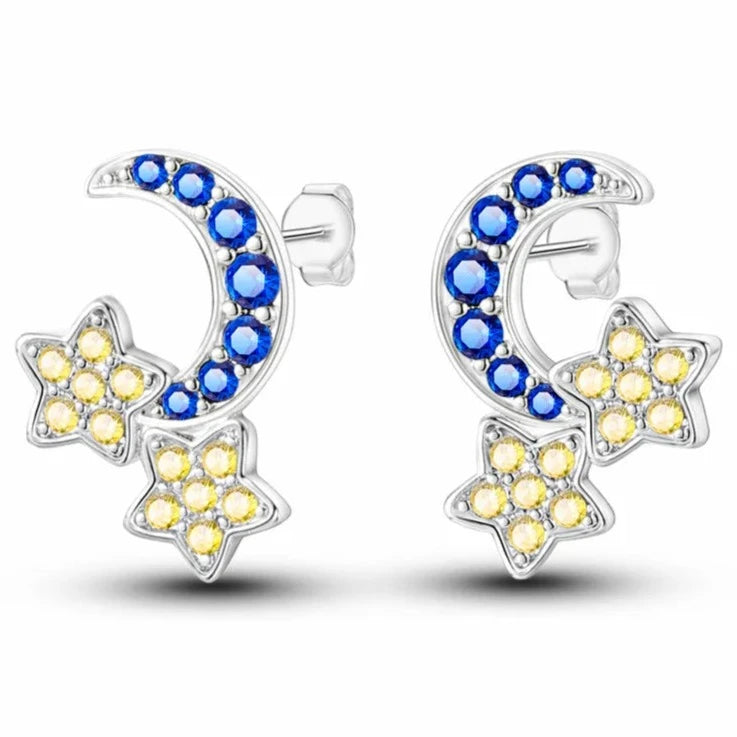 Sparkling Blue Zircon Star Moon Stud Earrings