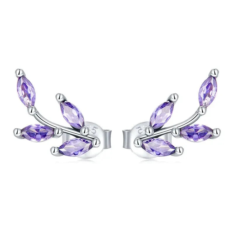 Genuine 925 Sterling Silver Purple Branch Stud Earrings