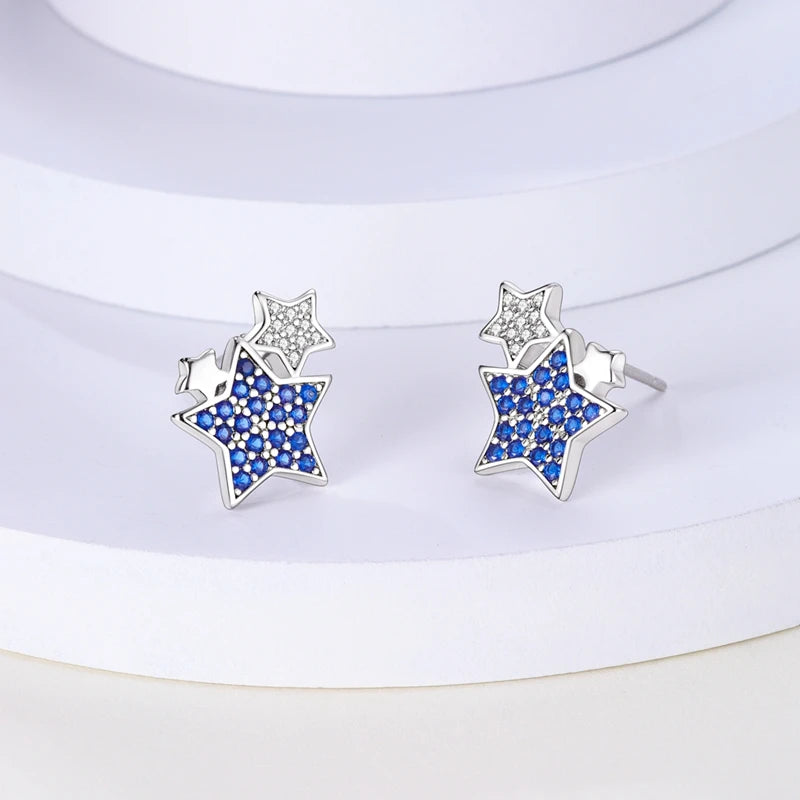 Sparkling Blue Zircon Star Moon Stud Earrings