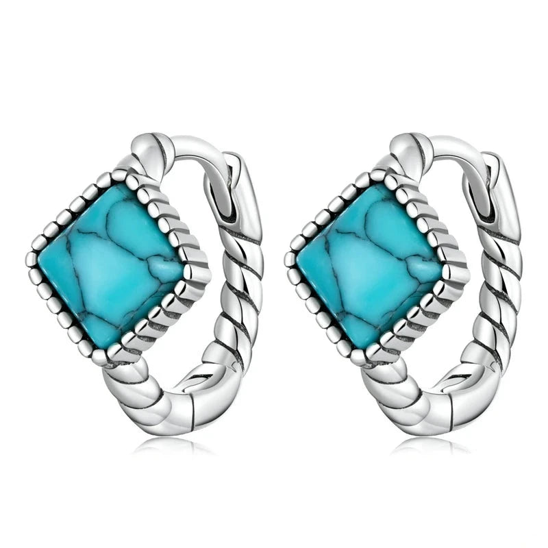 925 Sterling Silver Blue Square Turquoise Earrings