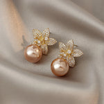 Rose Gold Pearl Flower Dangle Earrings